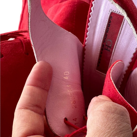 Carolina Herrera Red Suede Open Toe Booties Heels EU 40 US 9.5 Lace Up Luxury - Picture 7 of 11